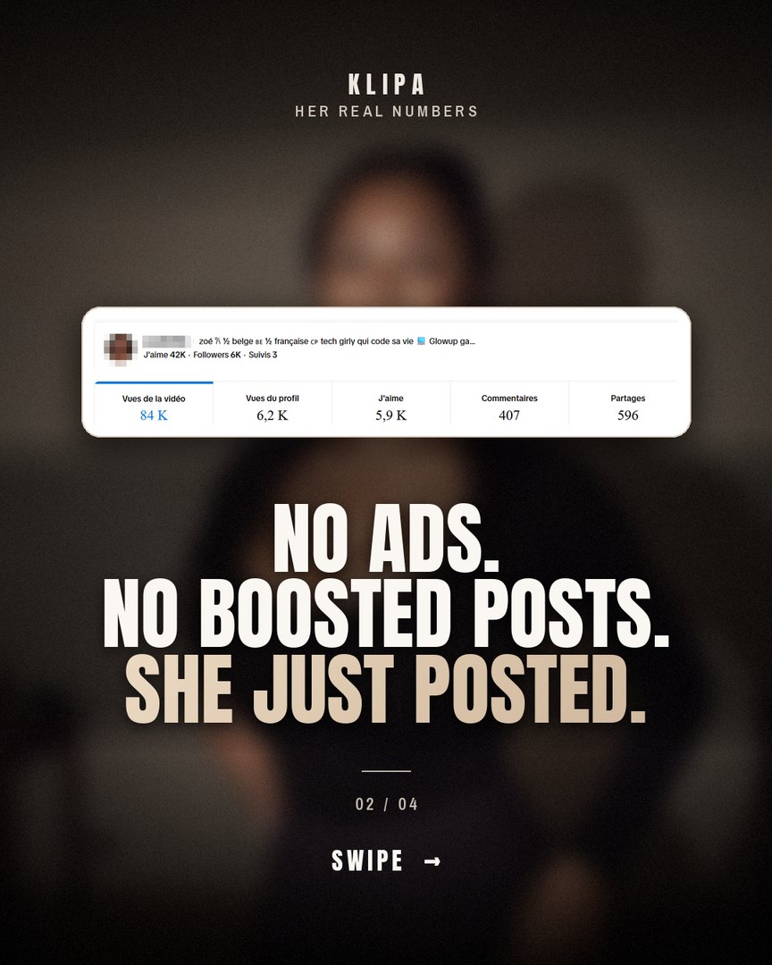Her real numbers: 84K video views, 6.2K profile views, no ads